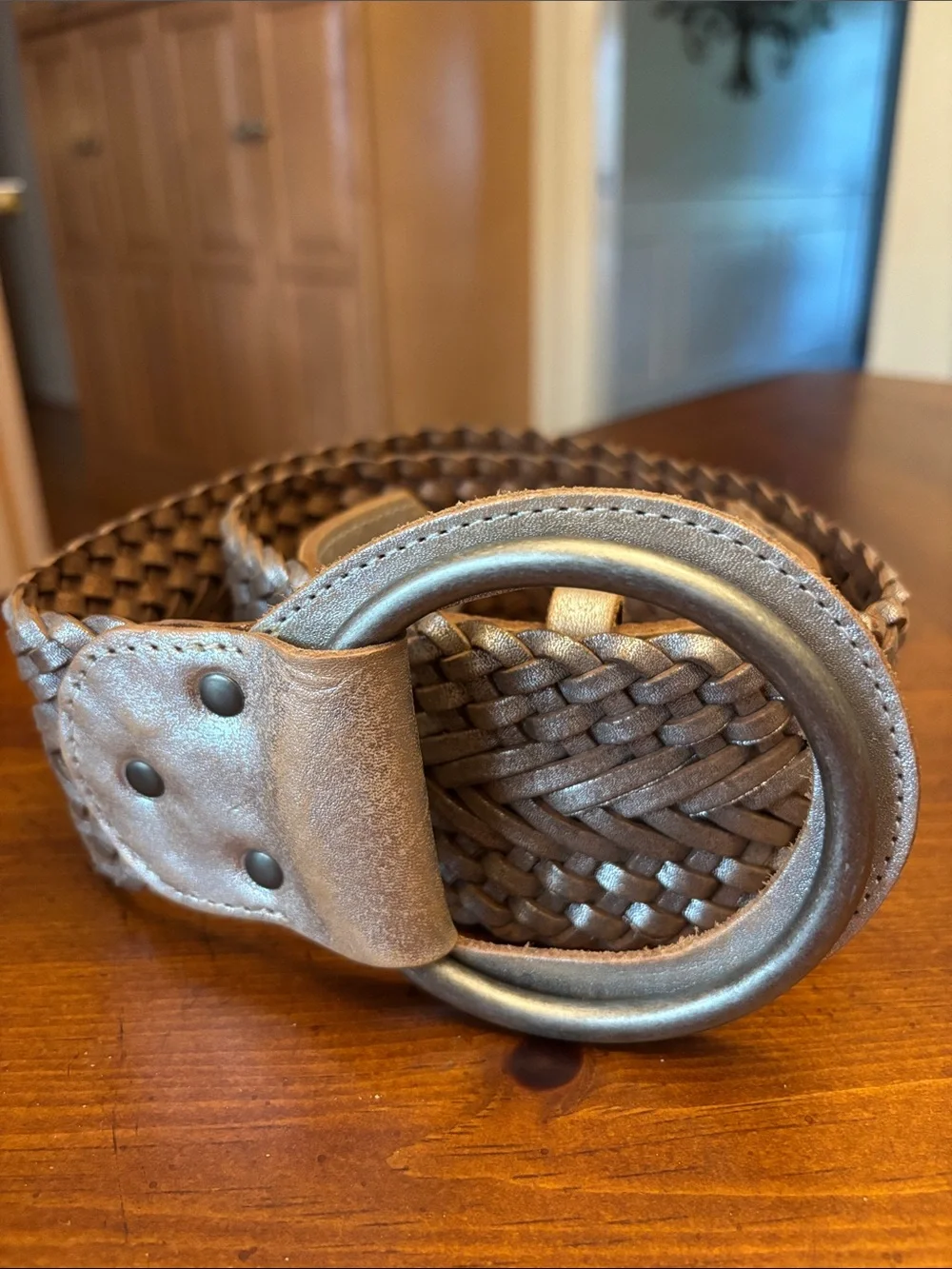 A|X Armani Exchange Braided Leather Belt Metallic Silver Gold